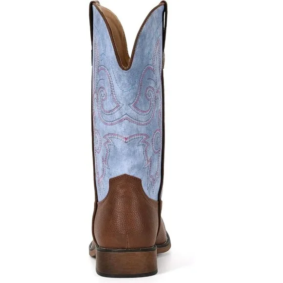 Women Light Blue Square Toe Western Mid Calf Embroidered Cowgirl Pull On Boots - Picture 4 of 5
